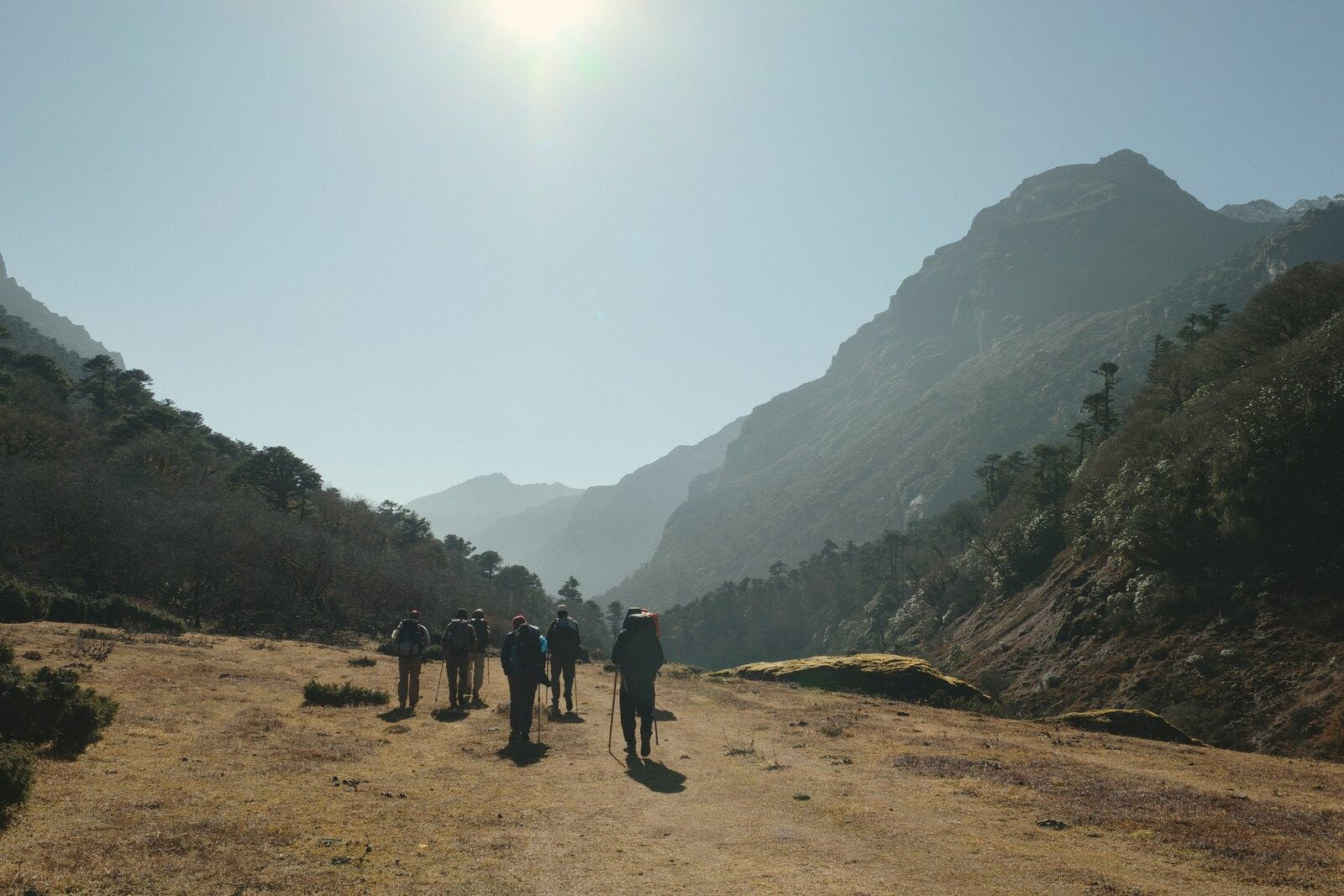 The Yachu team walking up a valley in the Makalu Barun region with packs and trekking poles, 2024